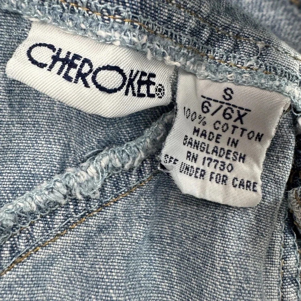 Vtg 90s Cherokee Denim Overall Dress Girls Size 6 Embroidered Floral Cottagecore